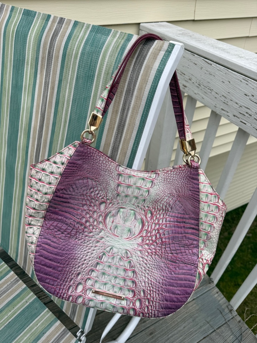 Brahmin Purple / Mint Croc-Embossed Marianna tote Bag